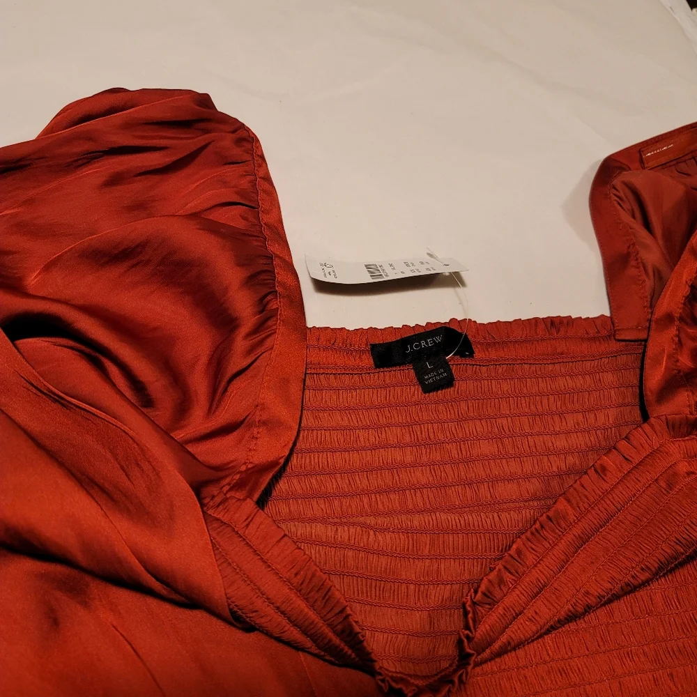 New! J. Crew sz Large L Squareneck Smocked Rusty Red satin crop top NWT
